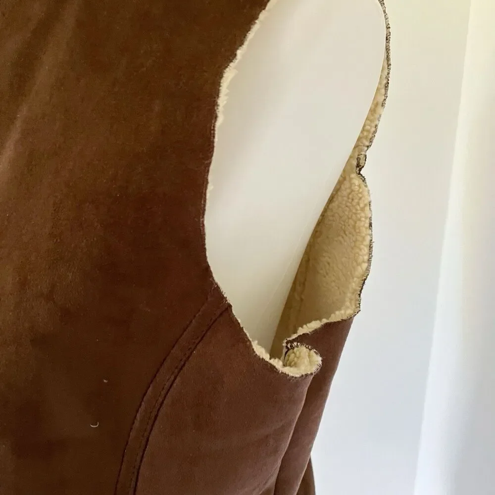 Sherpa Lined Lands End Zip Up Faux Suede Warm Vest Size M/P Medium Petite Brown